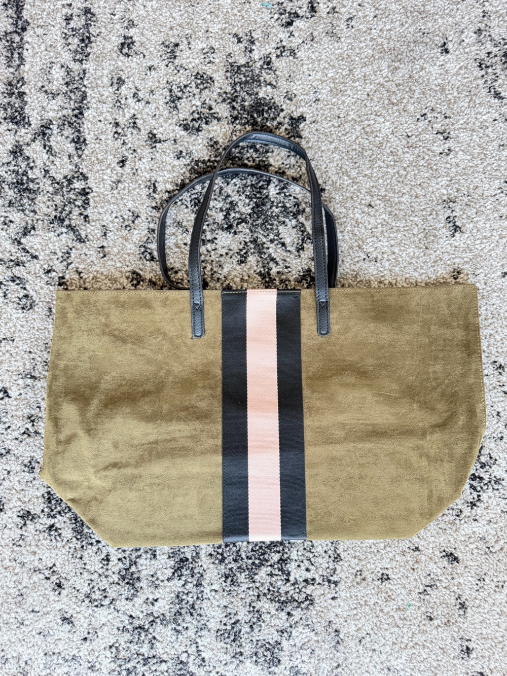 Green/Brown Canvas Tote with Black and Blush Stripe
